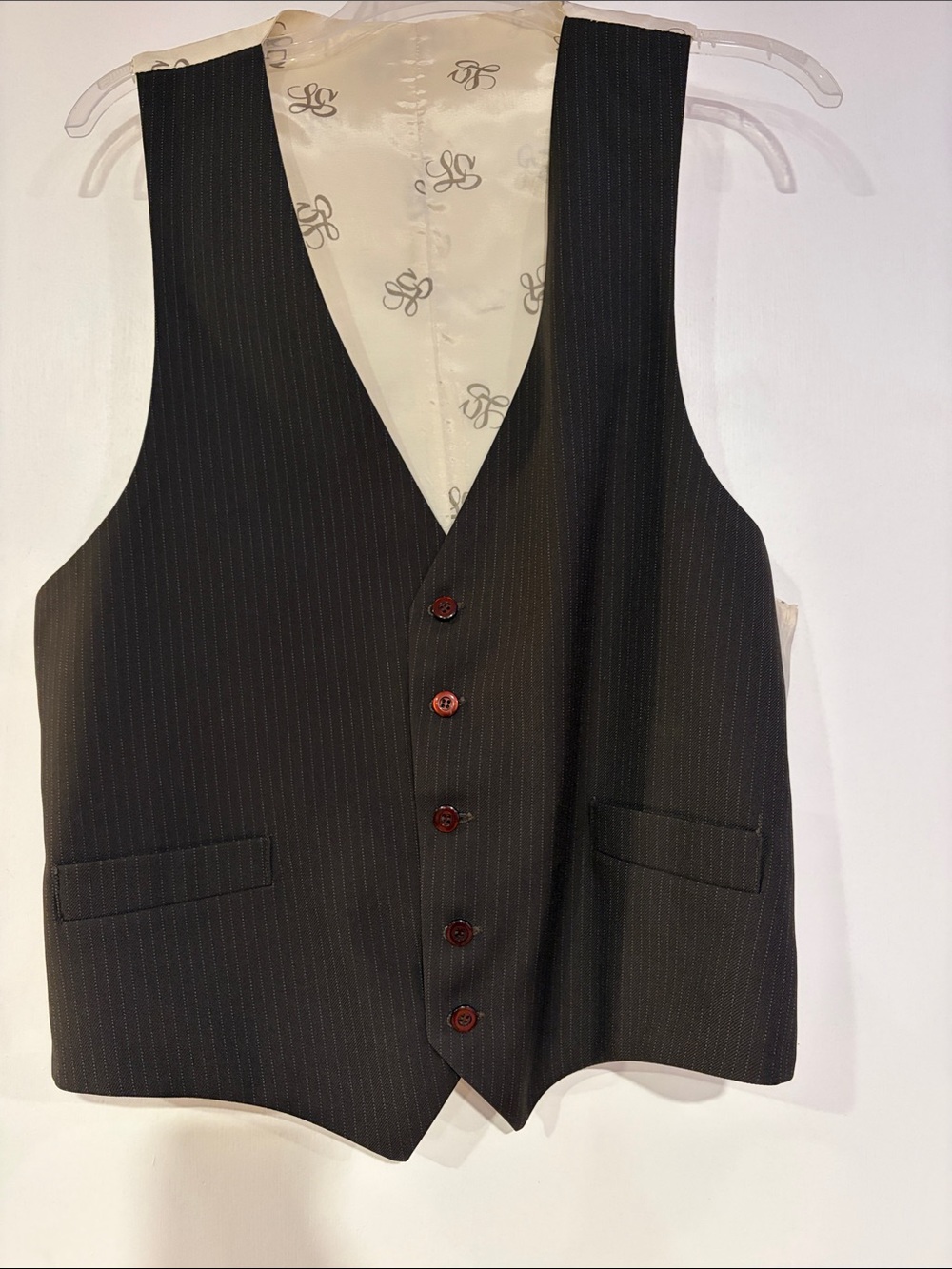 Vintage 90s Liz Claiborne Pinstripe Vest Monogram Script Backing Dark Academia